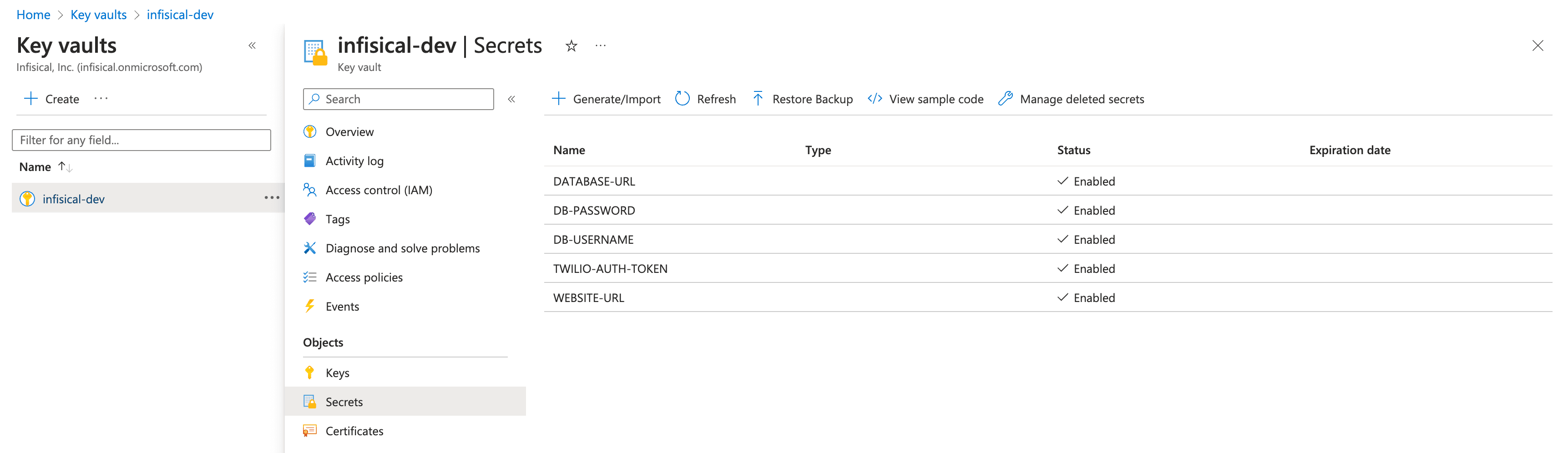 Azure Key Vault dashboard