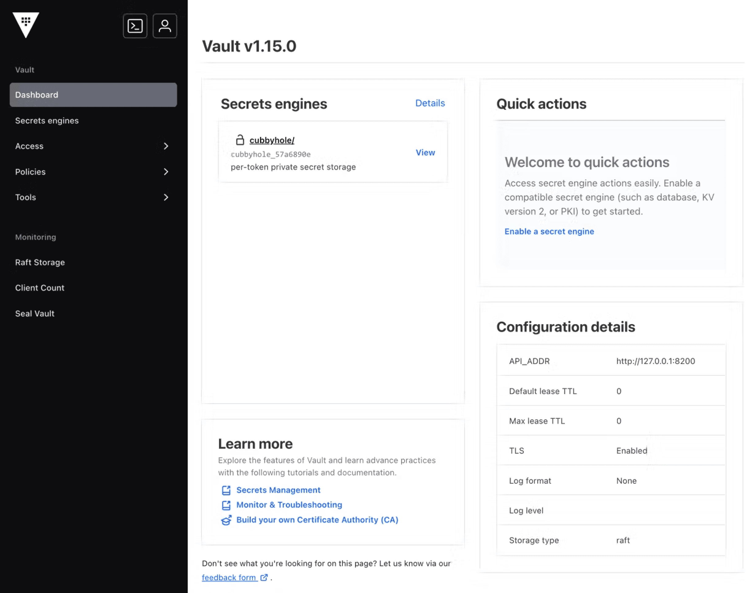 HashiCorp Vault dashboard