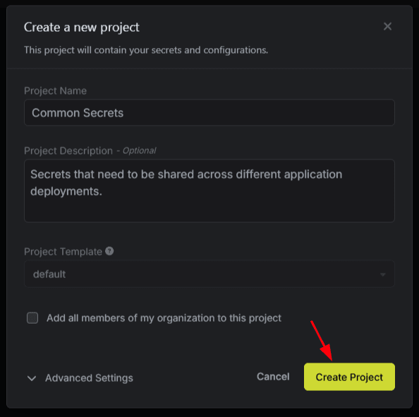 Create Project modal