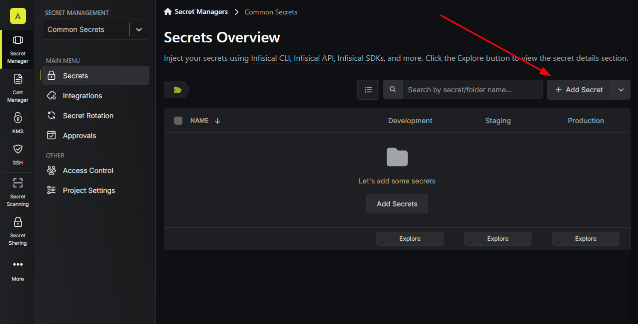 The Secrets Overview page in Infisical