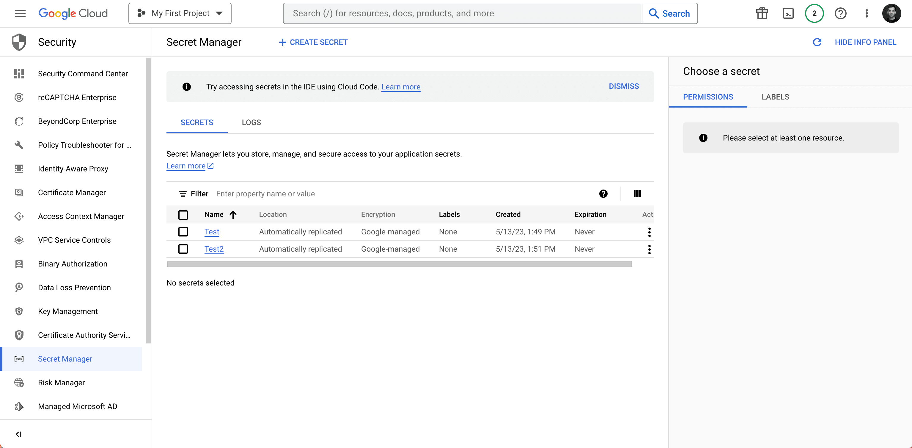 GCP Secret Manager Dashboard