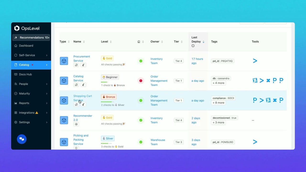 An overview of OpsLevel dashboard UI