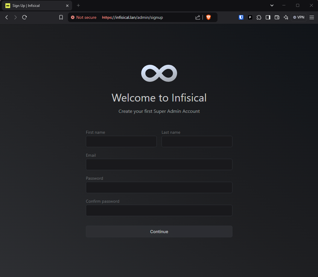 Infisical setup screen
