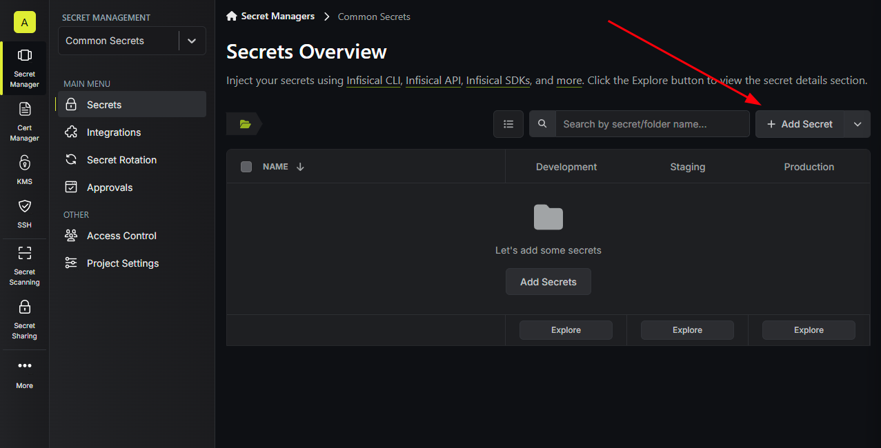The Secrets Overview page in Infisical