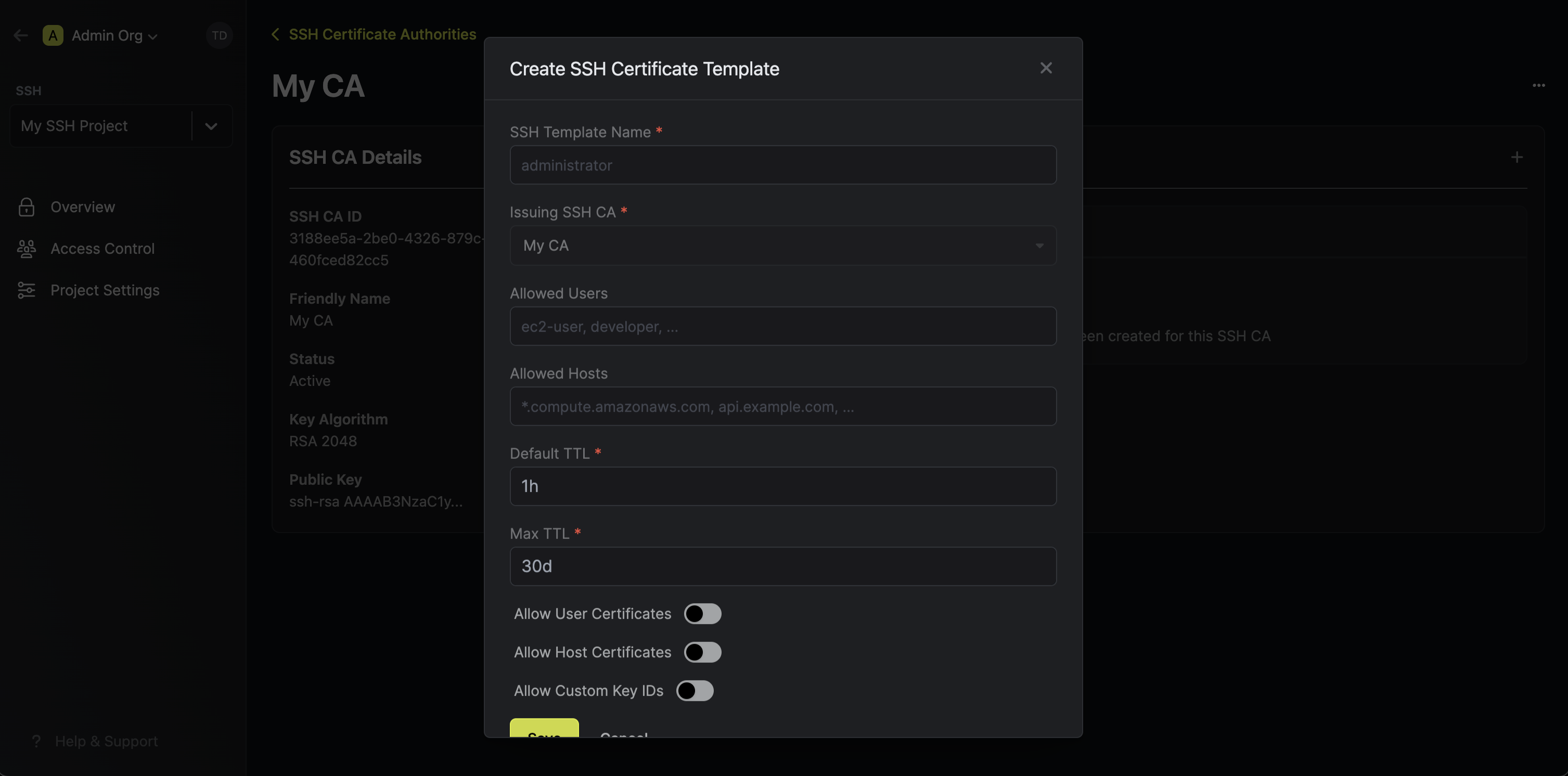 Certificate template configuration popup