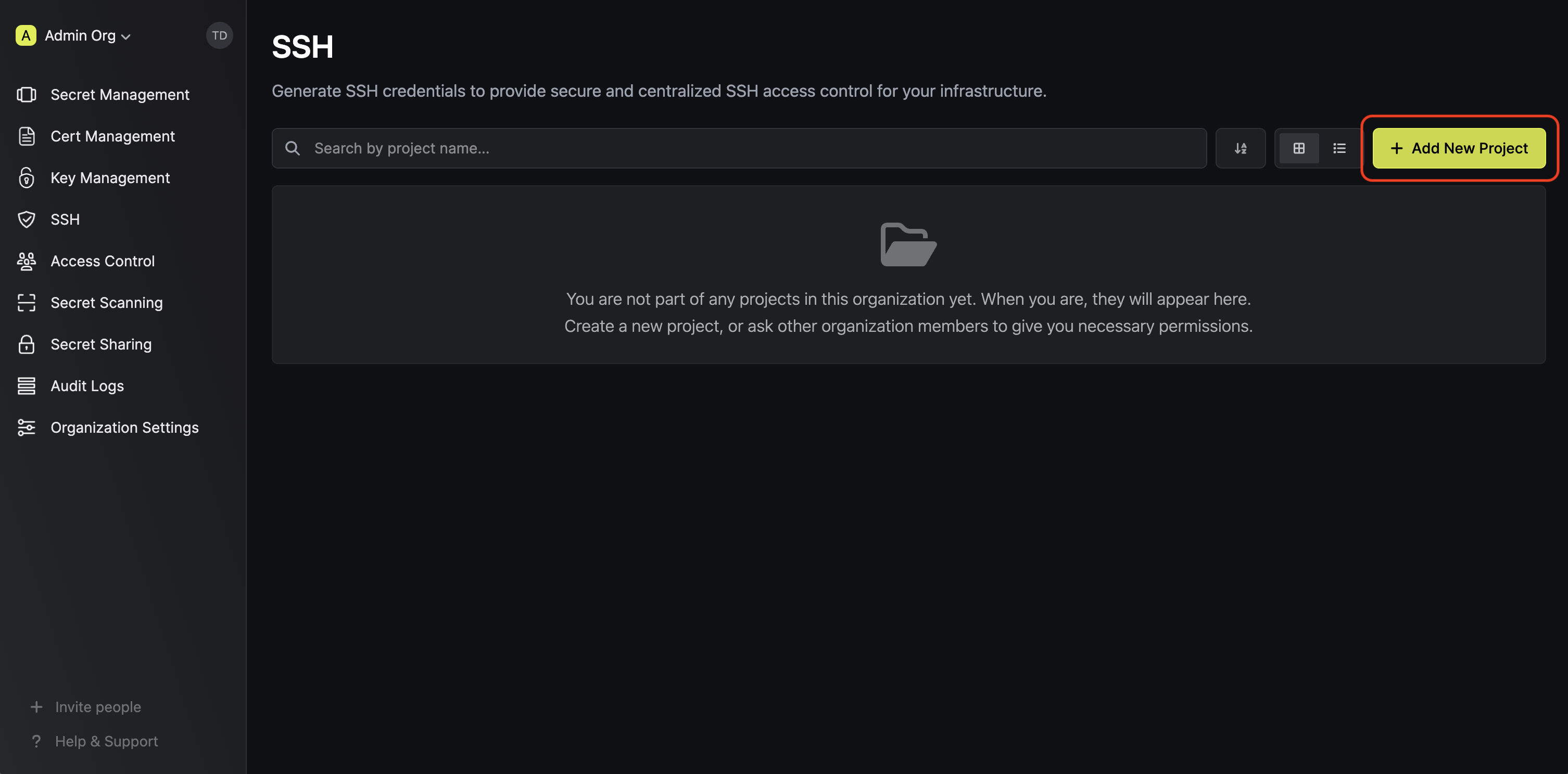 SSH project creation in Infisical